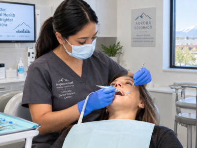 A dental professional in scrubs examines a patient’s teeth in a modern dental office. Dental tools and a screen with oral health information are visible.