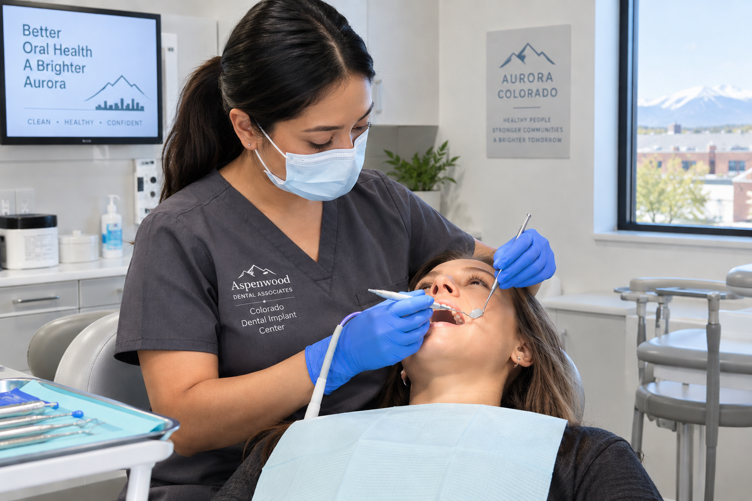 A dental professional in scrubs examines a patient’s teeth in a modern dental office. Dental tools and a screen with oral health information are visible.