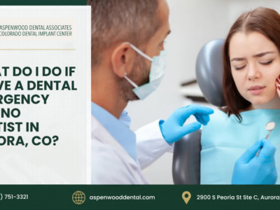 A dentist in a mask and blue gloves examines a woman holding her cheek in pain, with text asking what to do during a dental emergency in Aurora, CO, alongside the office phone, website, and address.