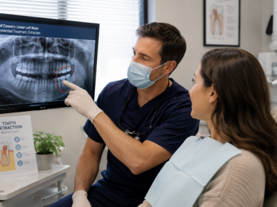 Dentist and patient reviewing radiographs while discussing a tooth extraction