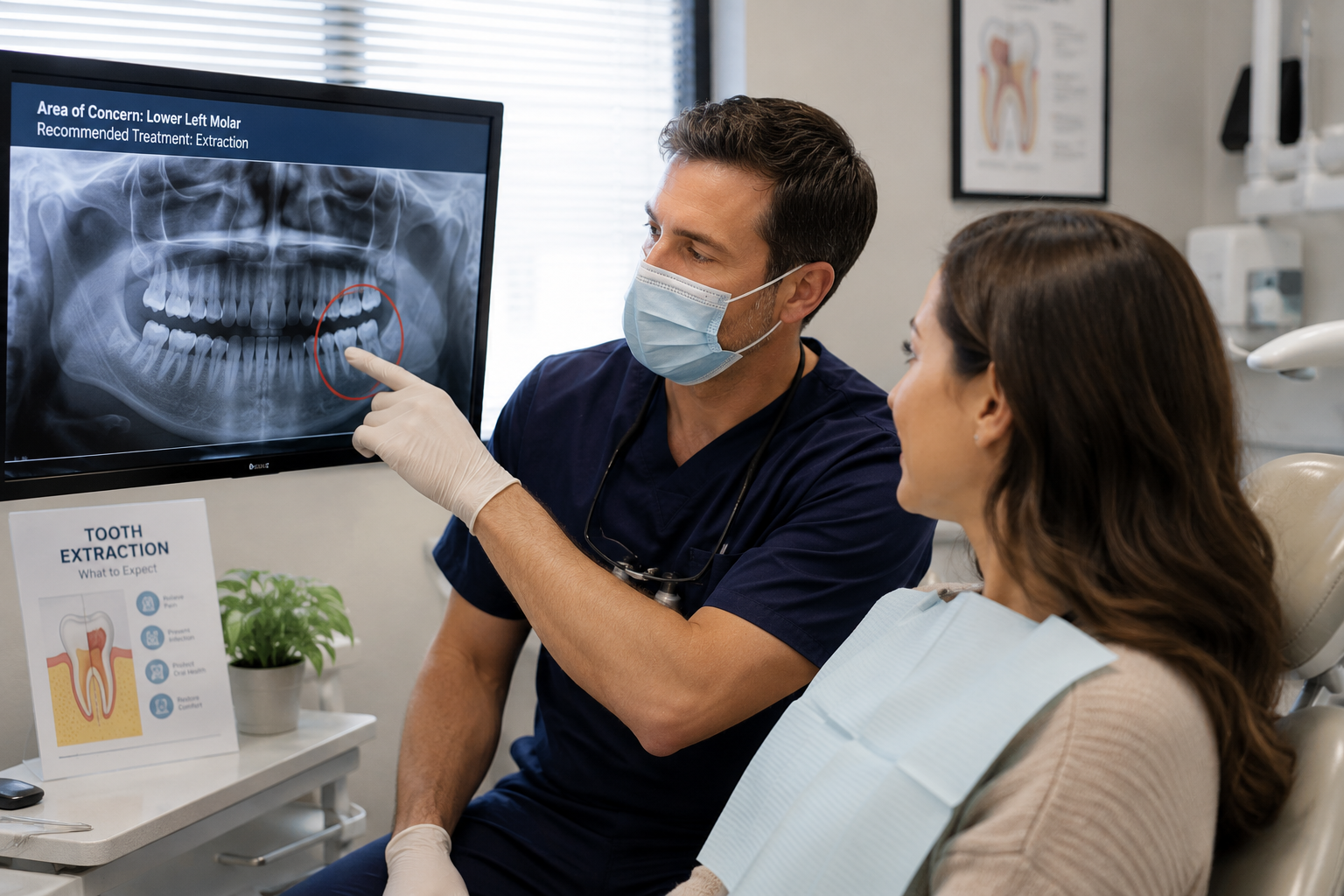Dentist and patient reviewing radiographs while discussing a tooth extraction