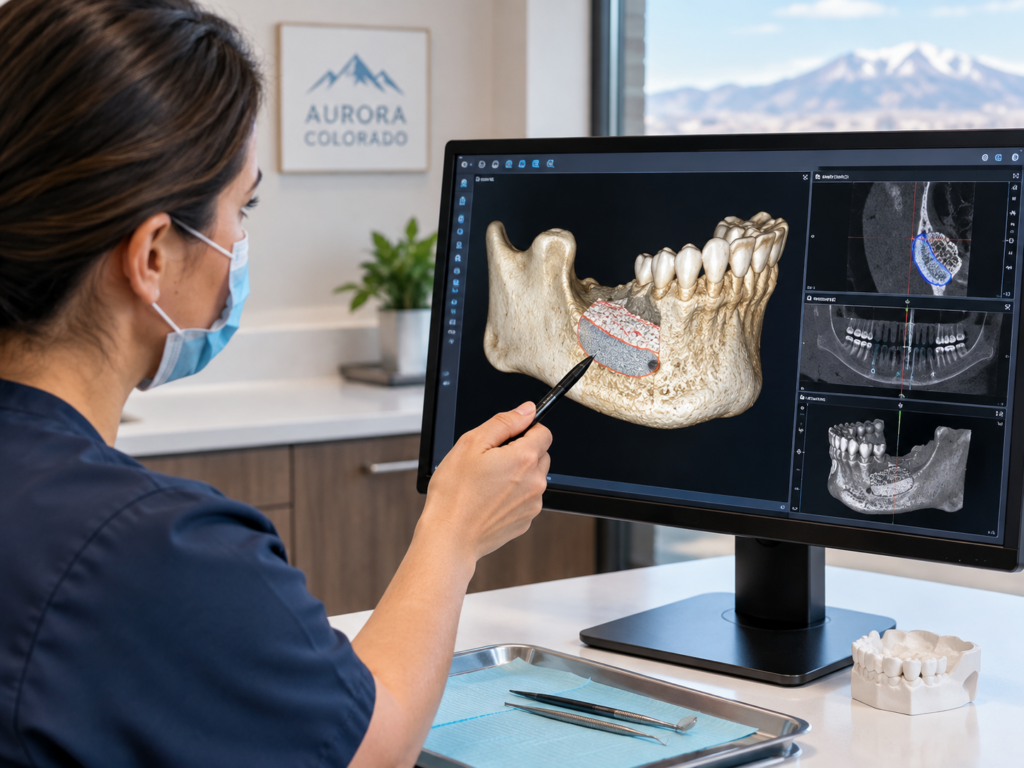 A dental professional examines a 3D jaw scan on a computer monitor, using a pen to point at a highlighted section, with dental tools and a tooth model on the desk.