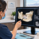 A dental professional examines a 3D jaw scan on a computer monitor, using a pen to point at a highlighted section, with dental tools and a tooth model on the desk.