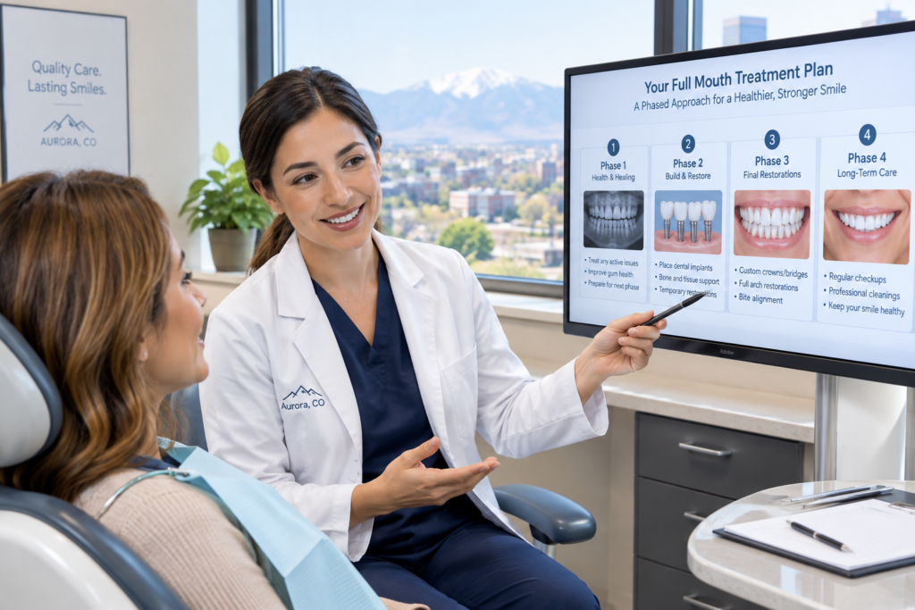 Dentist walking a patient through a phased full mouth treatment plan at a practice in Aurora, Colorado