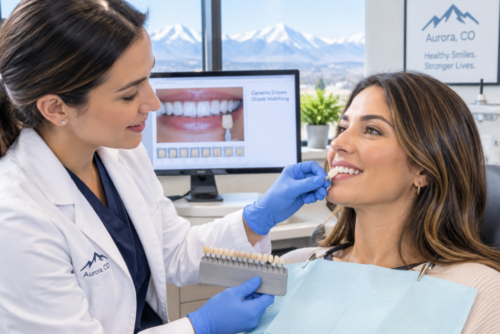 A dentist holds a tooth shade guide to a patient’s smile in a clinic, with dental images and mountains visible in the background.