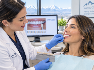 A dentist holds a tooth shade guide to a patient’s smile in a clinic, with dental images and mountains visible in the background.