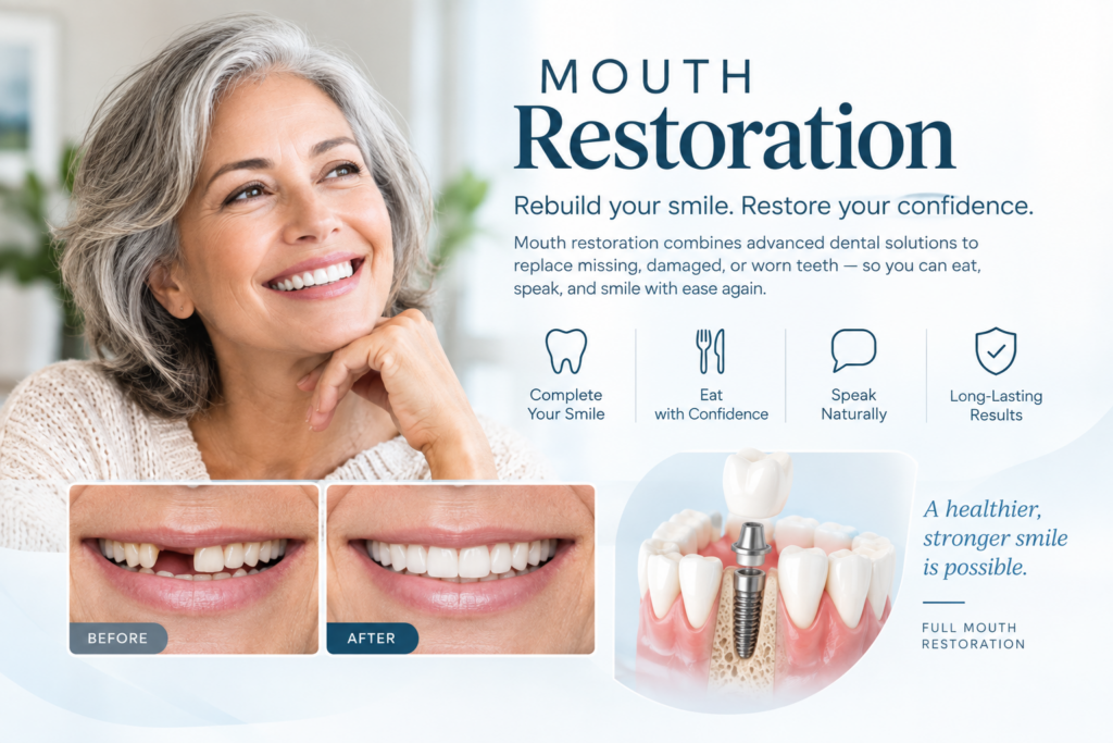Smiling older woman with graying hair; before-and-after images of dental restoration and a diagram of dental implants are shown alongside text about mouth restoration benefits.