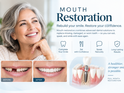 Smiling older woman with graying hair; before-and-after images of dental restoration and a diagram of dental implants are shown alongside text about mouth restoration benefits.
