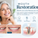 Smiling older woman with graying hair; before-and-after images of dental restoration and a diagram of dental implants are shown alongside text about mouth restoration benefits.