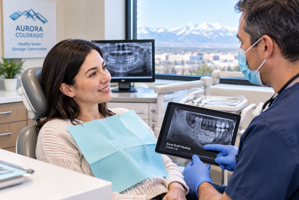 Patient attending a follow-up appointment after bone graft surgery at a dental practice in Aurora, Colorado