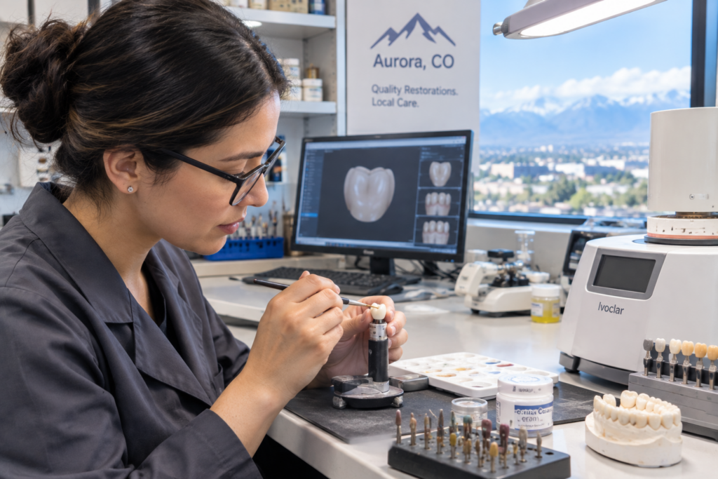 Technician working on a ceramic dental crown in an on-site dental laboratory in Aurora, Colorado