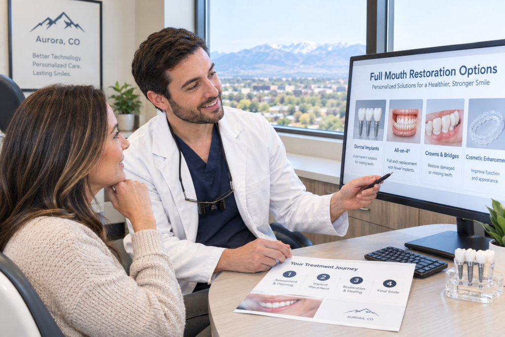 A dentist shows a female patient full mouth restoration options on a computer screen in a modern dental office with mountain views.
