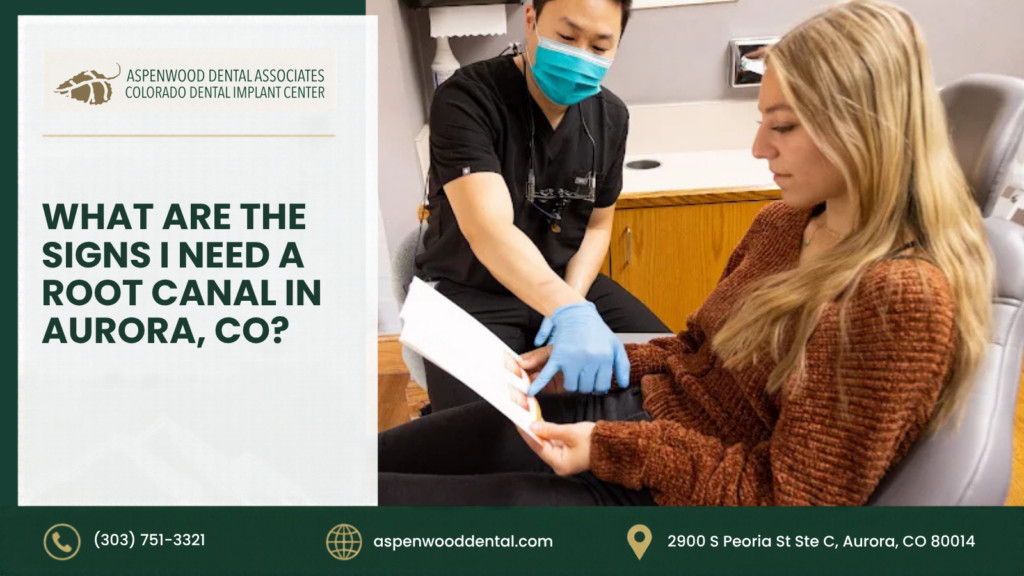 A dentist in a mask and gloves points to a chart for a patient sitting in a dental chair, with text asking about signs needing a root canal, plus contact information for Aspenwood Dental Associates.